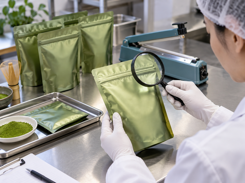 Filled matcha pouch with top seal, side seams and bottom gusset shown for inspection