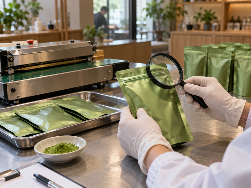 Quality technician comparing approved and rejected matcha pouch seals under inspection light