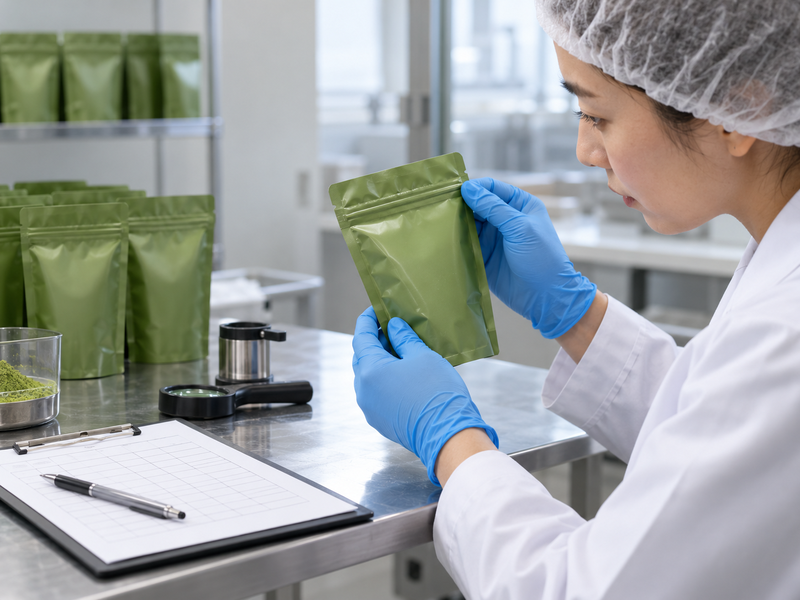 Close view of matcha powder near a pouch heat-seal land and a clean comparison sample