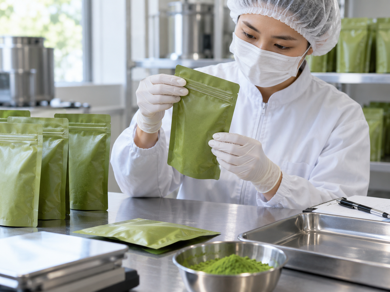 Consumer opening a matcha pouch top seal and testing the separate zipper reclosure