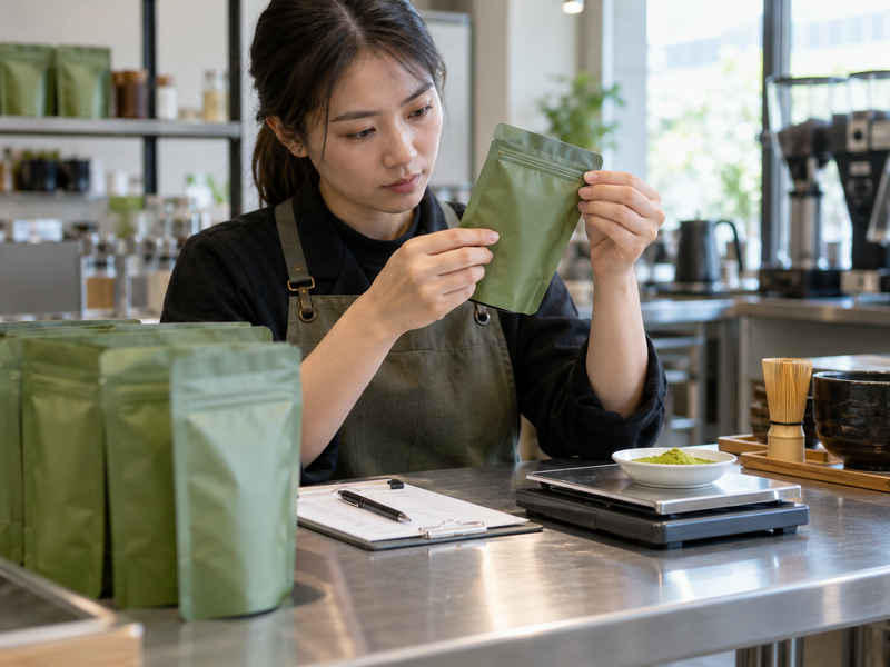 Quality team isolating cartons from a matcha pouch line after a failed seal check