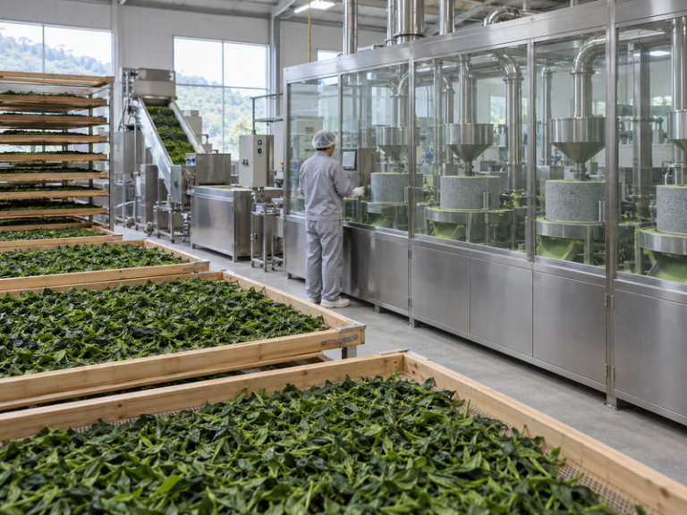 Tea leaf and powder processing equipment in a matcha plant