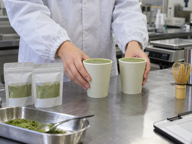 Coded matcha samples beside buyer recipe and production route notes