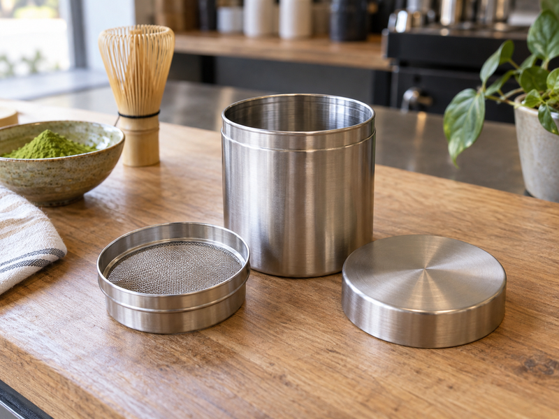 Matcha Sifter Canister: An open matcha sifter canister with removable fine-mesh component and clean dry interior on a café bench