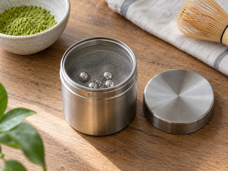 Matcha Sifter Canister: Close-up of small stainless sifter weights inside a closed fine-mesh matcha canister, lid removed beside it