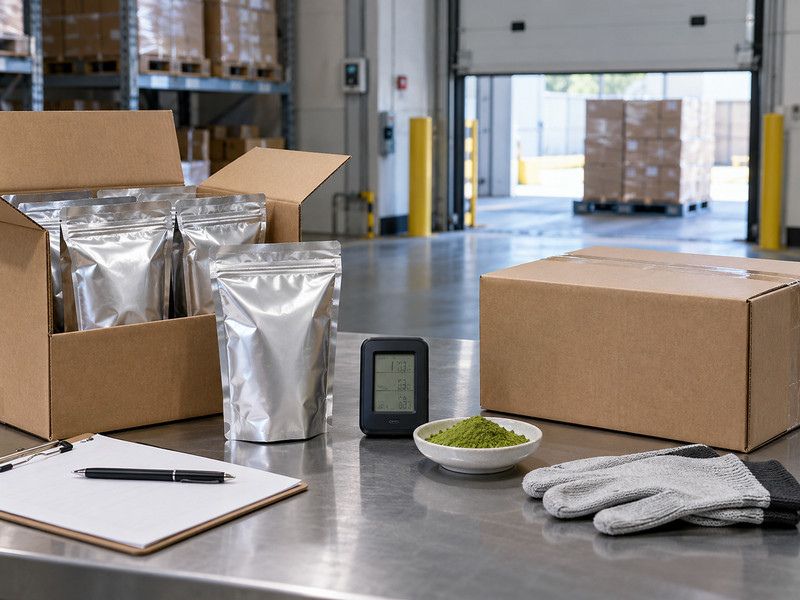 Sealed matcha packs, bulk bags, and opened samples with distinct moisture paths