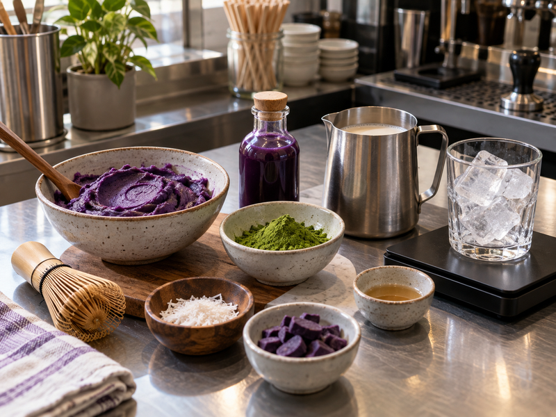 Ube, matcha, milk and ice set out for a café recipe trial