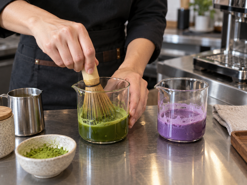 Separate measured green matcha and purple ube mixtures