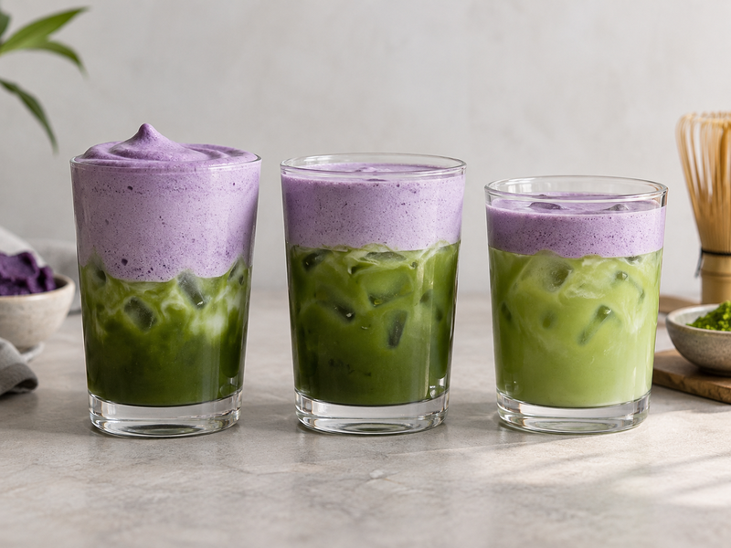Three ube matcha trial glasses with different foam thicknesses