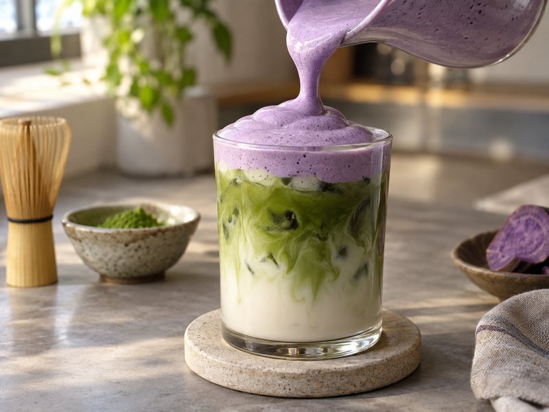Purple ube foam poured onto an iced matcha latte