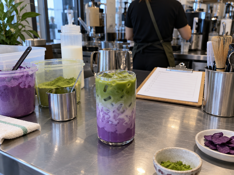 Ube matcha ingredients and a blank café service checklist