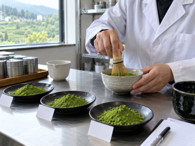 Illustrative matcha scene for ceremonial matcha powder factory article