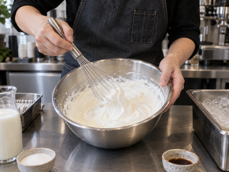 Soft sweet cream being whisked for a café drink
