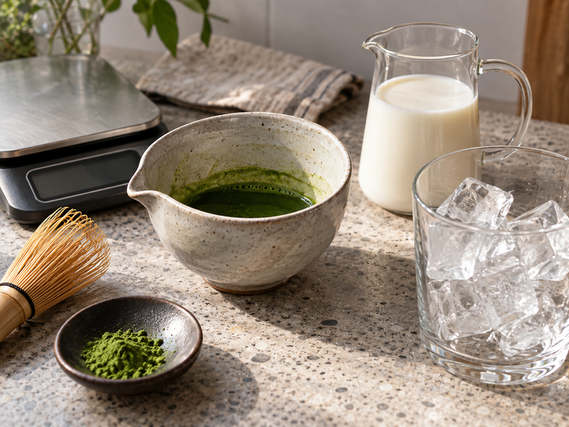 Measured matcha concentrate beside milk and ice
