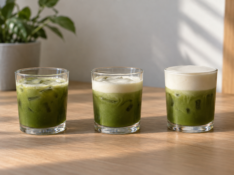 Three matcha cups with different cream-cap thicknesses