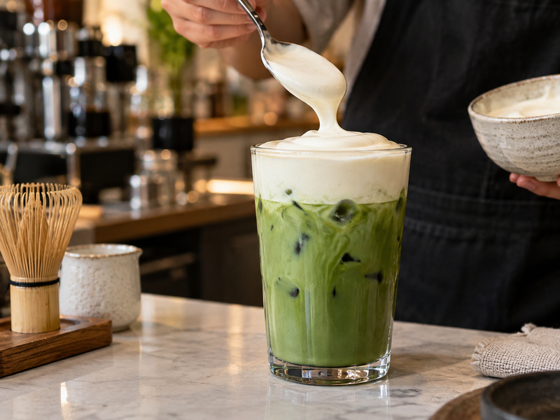 Soft cream spooned onto an iced matcha drink