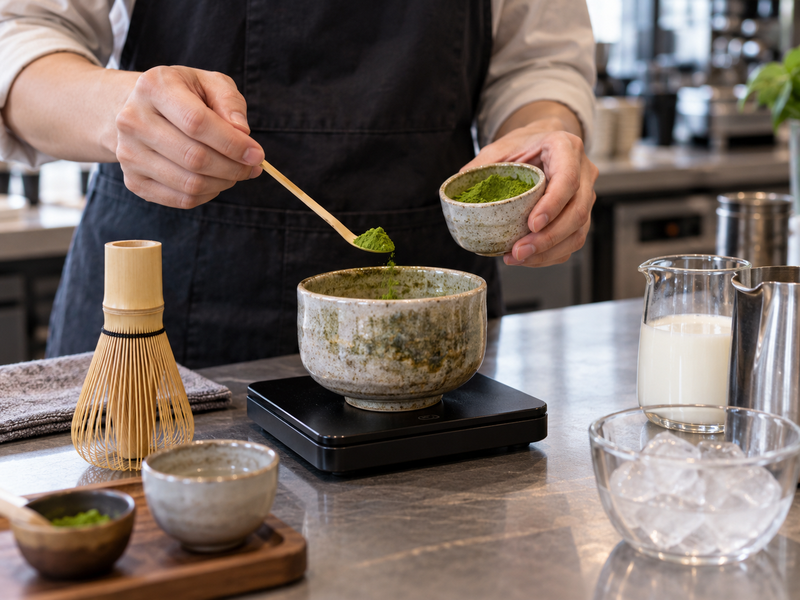 A café matcha recipe card beside a scale and finished drinks