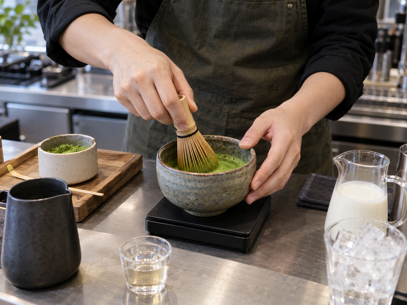 Barista practicing a matcha wetting and whisking method with a trainer