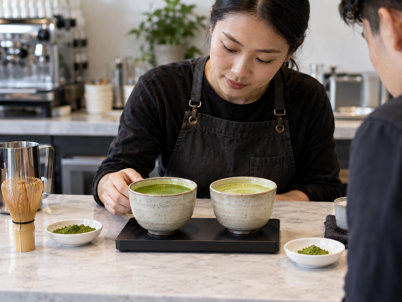 Barista checking ingredient and allergen sheets beside a clean matcha station