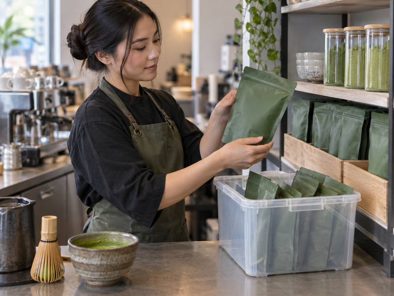 Two café baristas rehearsing a rush of hot and iced matcha orders