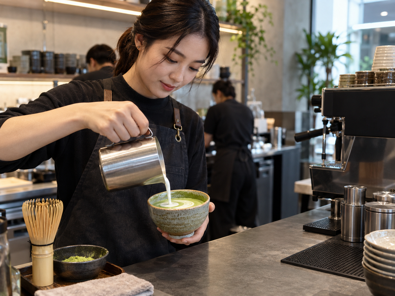 A café shift lead comparing a control matcha drink with staff training notes