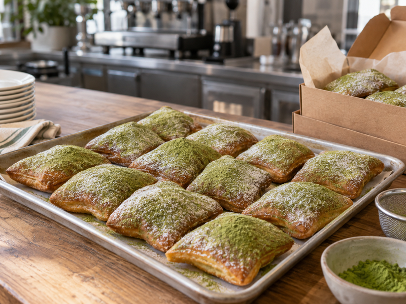 Small batch of matcha beignets ready for immediate cafe service