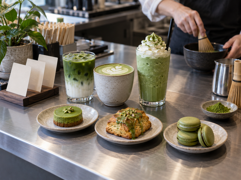 Café manager reviewing matcha menu item sales and preparation notes beside sample drinks