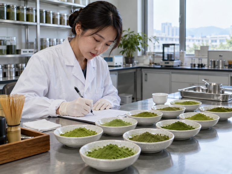 Technician recording matcha samples during origin evaluation