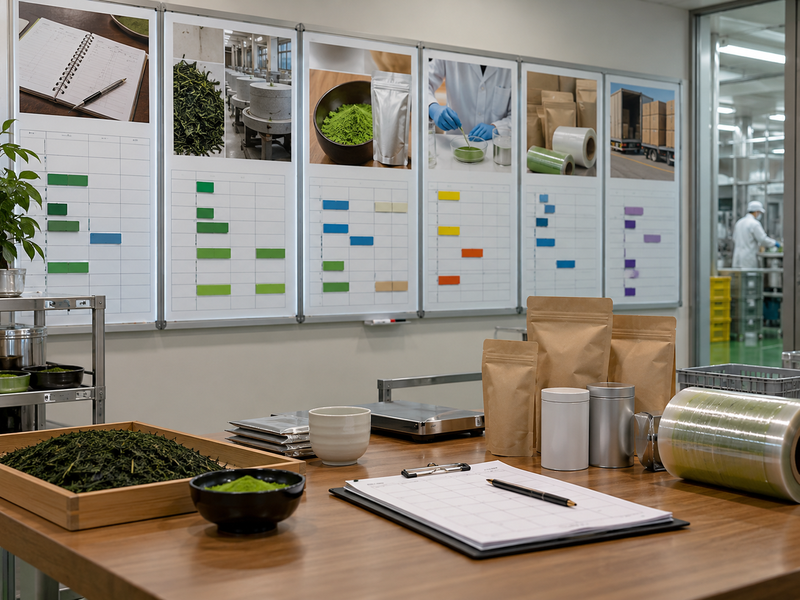 Weekly matcha production board with work-center lanes