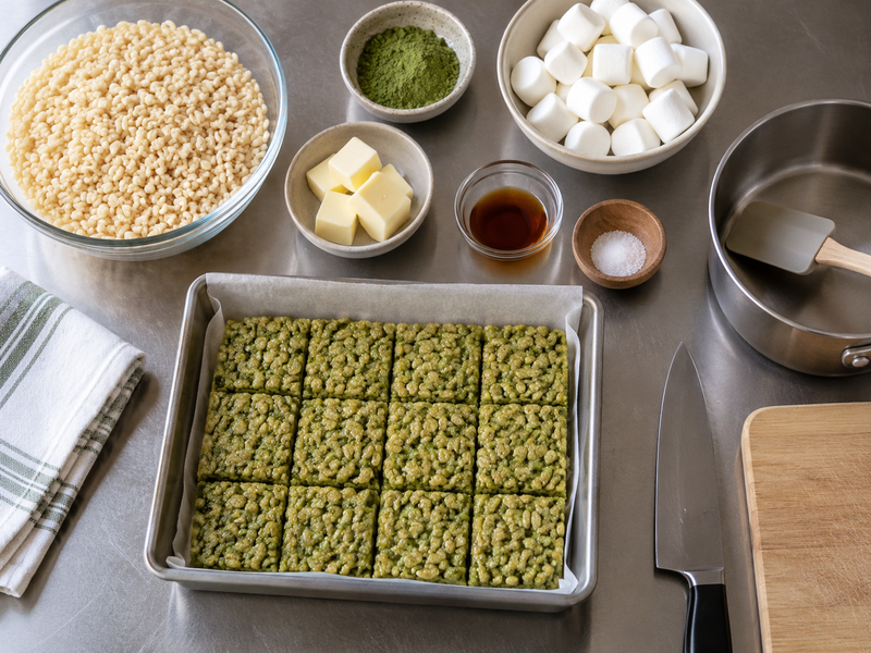 Matcha rice crispy treats cut for a cafe counter