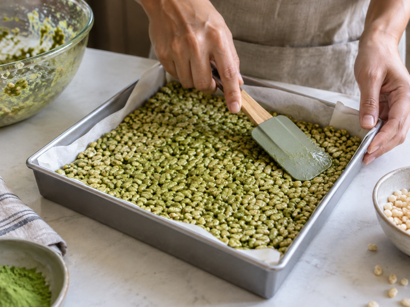 Evenly pressed slab of matcha rice crispy treats
