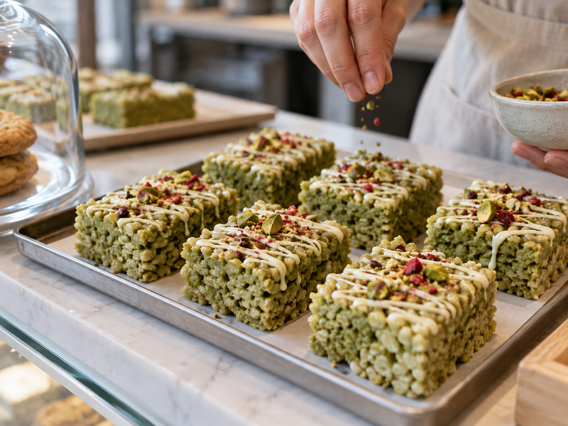 Decorated matcha rice crispy treats in a display tray