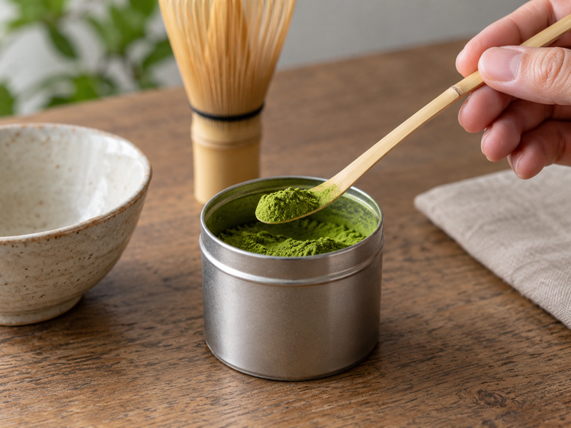 Matcha Set Care: Close view of a curved bamboo chashaku scoop lifting matcha from a tin, demonstrating smooth edges and clean finish