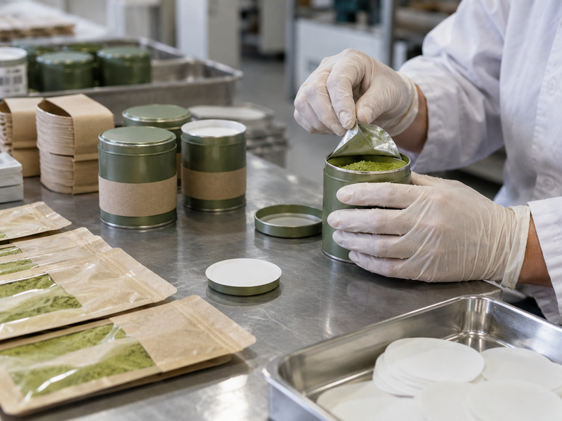 Matcha tins showing intact band, inner membrane, and opened condition