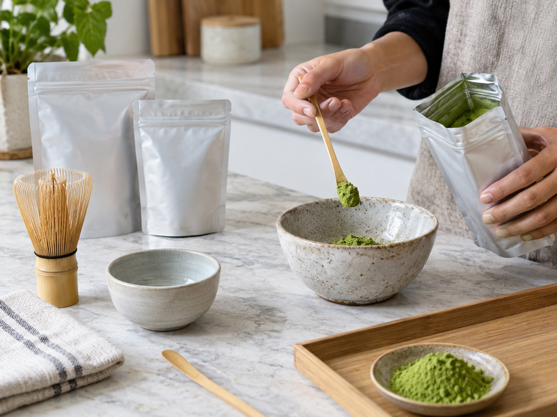 Receiving inspector comparing a matcha pack against intact and opened samples