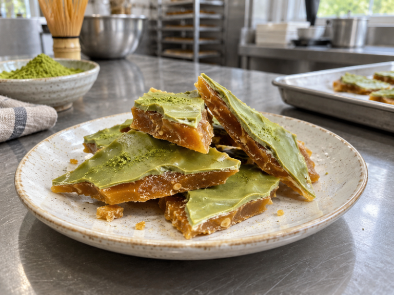 Solid matcha toffee shards with a green coating on a commercial kitchen plate