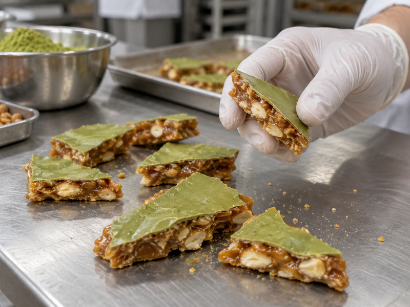 Finished matcha toffee pieces checked for clean break and color