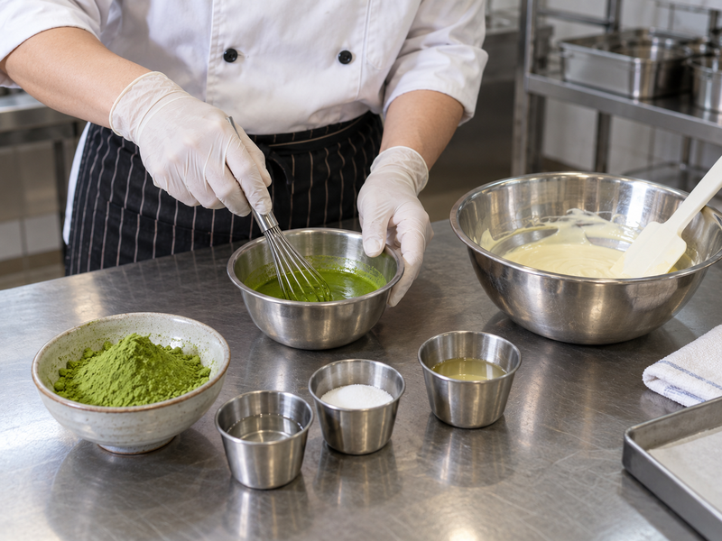 Matcha measured for a controlled confection coating trial