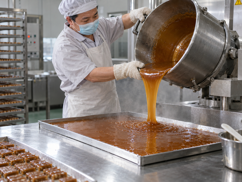 Commercial toffee cooking and forming trial with controlled sampling