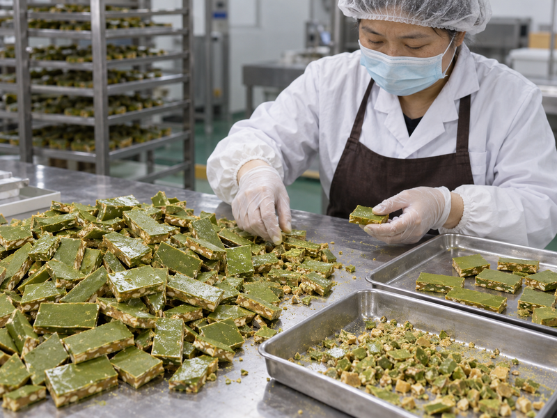 Matcha toffee pieces sorted after cutting in a commercial confectionery kitchen