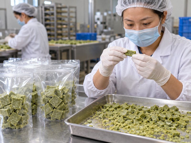 Packed matcha toffee pieces checked for breakage and saleable yield