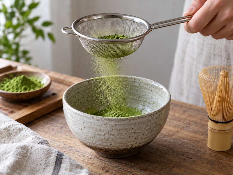 Stainless Steel Matcha Sifter: A stainless steel fine-mesh matcha sifter with powder flowing into a chawan, close view of mesh and handle