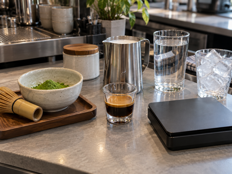 Matcha powder, espresso shot and milk arranged for a recipe trial