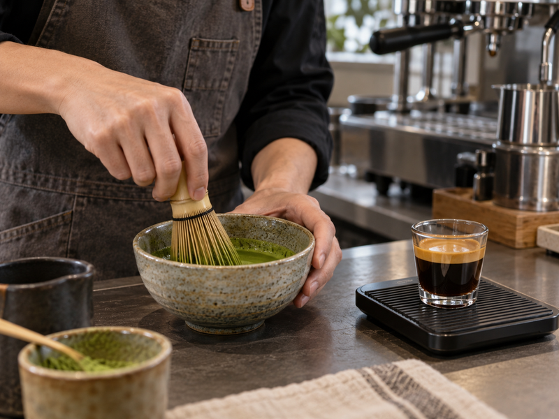 Barista whisking matcha concentrate beside a fresh espresso