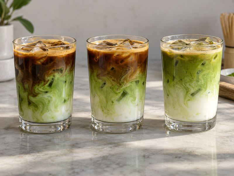 Three dirty matcha latte trials with varied coffee balance