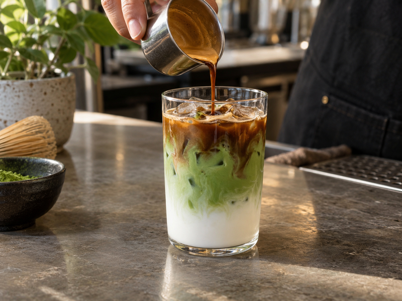 Espresso poured over iced matcha and milk