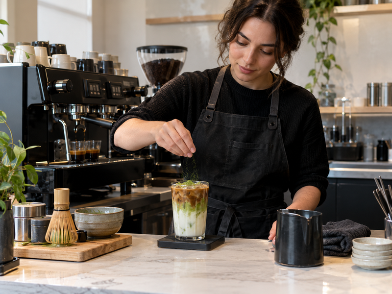 Barista working between espresso and matcha stations