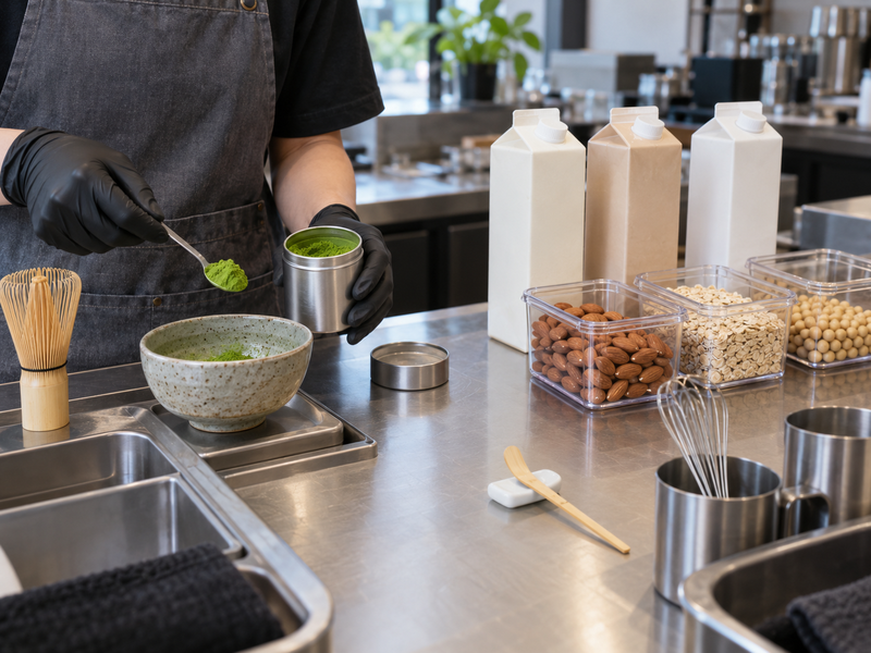 Opened matcha ingredient samples and sealed flavored blend containers arranged for a documented allergen review