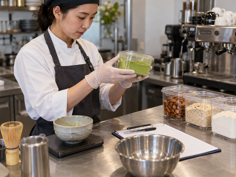 Quality operator inspecting a disassembled matcha powder sifter and contact surfaces after a cleaning changeover