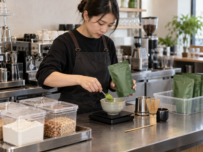 Batch record and lot-labeled matcha containers at an orderly food production desk